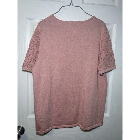 Alfred Dunner Women’s Short Sleeve Crochet Sweater Blouse Pink Size Medium - Picture 5 of 6
